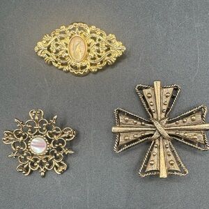 Lot of 3 Gold Tone Faux Stone Filigree and Retro Celtic Cross Brooch Pins